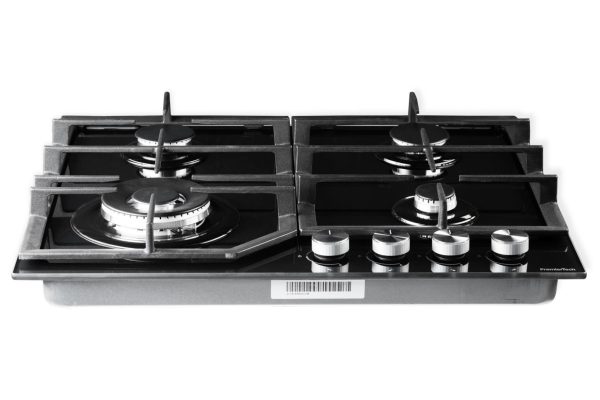 PremierTech® Piano Cottura a Gas in Vetro Nero da 60cm 4 fuochi con Wok supporti in ghisa PremierTech PC604FG