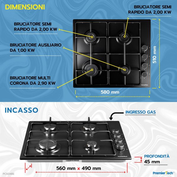 PremierTech® Piano cottura a Gas Nero 4 fuochi 60cm Smaltato nero opaco PremierTech PC604BE