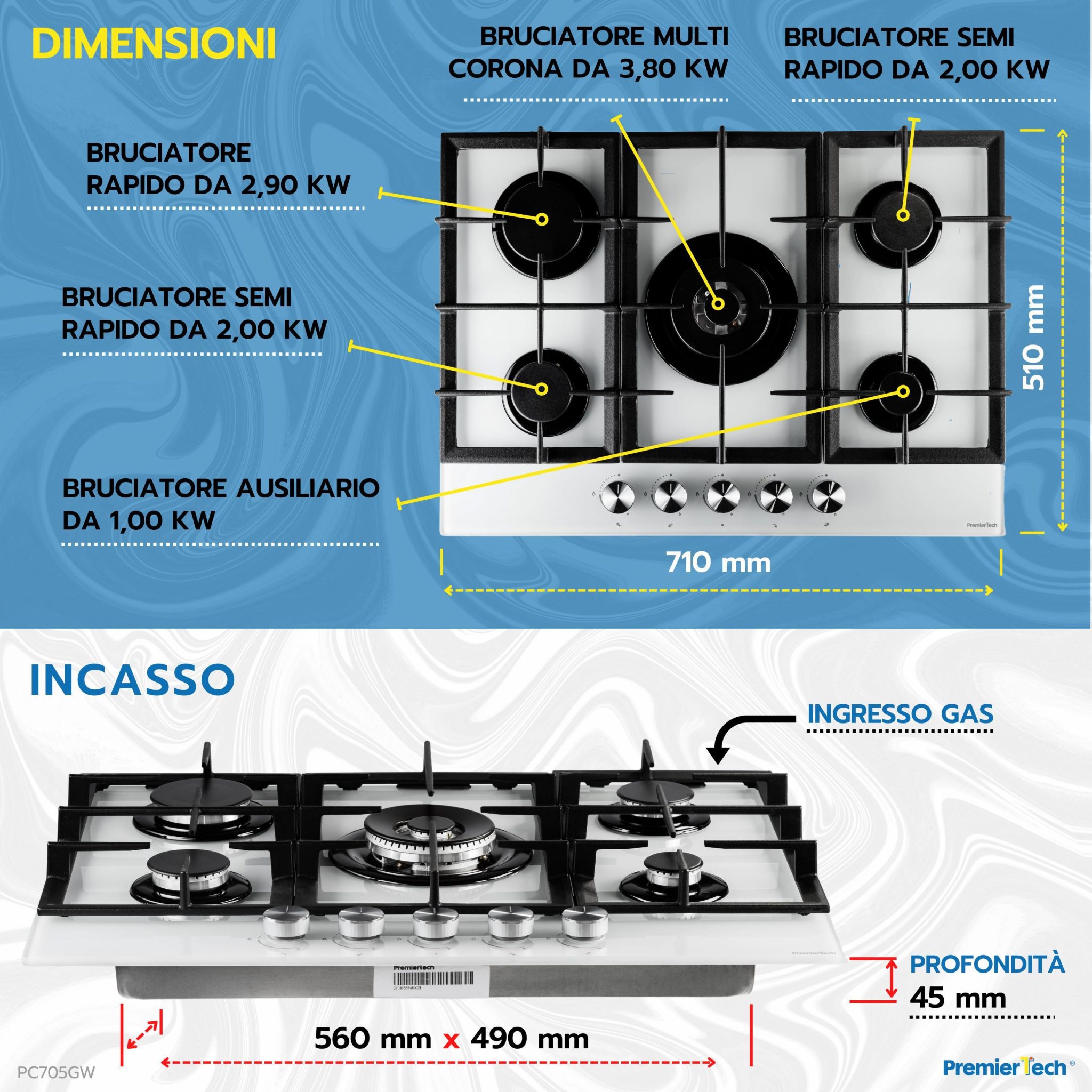 Piano Cottura A Gas Cm Fuochi In Vetro Bianco Con Wok Supporti In Ghisa Premiertech Pc Gw