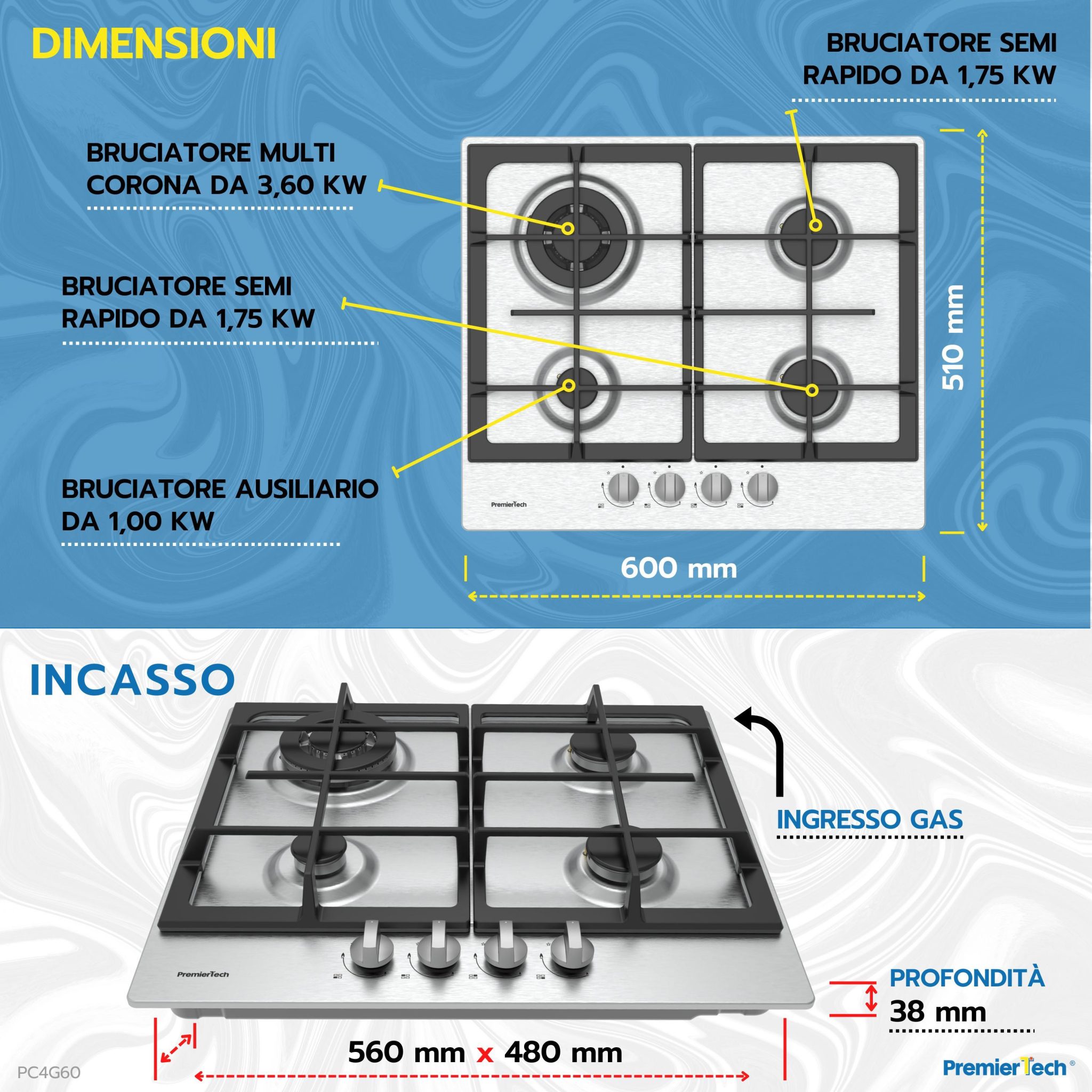 PremierTech PremierTech Piano Cottura A Gas 60cm,4 Fuochi, Da Incasso, Acciaio Inox, Predisposto Metano E Kit Ugelli GPL Inclusi, P460IN - Foto 4