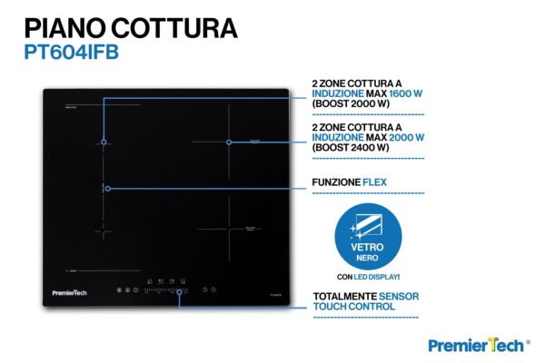 PT604IFB PremierTech Piano Cottura a Induzione 4 Zone Timer