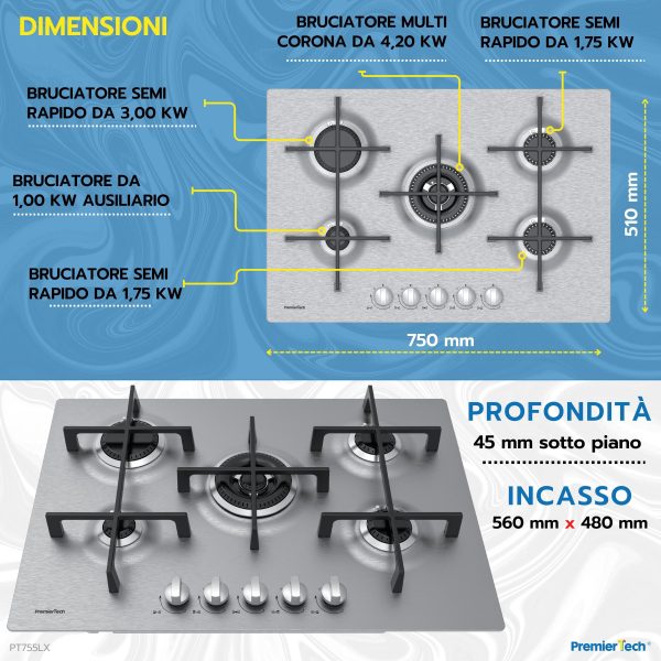 PremierTech® PremierTech Piano cottura a gas 5 fuochi 75cm Inox Luxury PT755LX