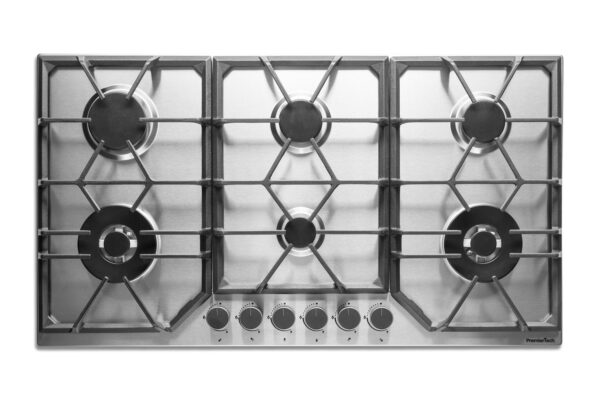 Piano Cottura a Gas a 6 fuochi da 90 cm doppio Wok in Acciaio Inox PremierTech PC906