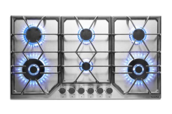 Piano Cottura a Gas a 6 fuochi da 90 cm doppio Wok in Acciaio Inox PremierTech PC906