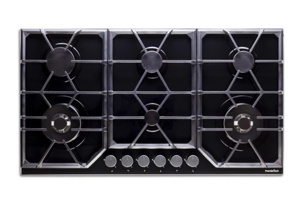 Piano Cottura a Gas a 6 fuochi da 90cm doppio Wok in Vetro Nero PremierTech PC906G