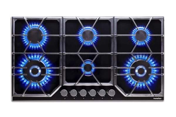 Piano Cottura a Gas a 6 fuochi da 90cm doppio Wok in Vetro Nero PremierTech PC906G