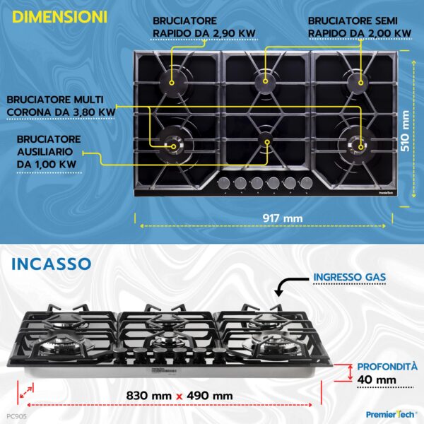 Piano Cottura a Gas a 6 fuochi da 90cm doppio Wok in Vetro Nero PremierTech PC906G