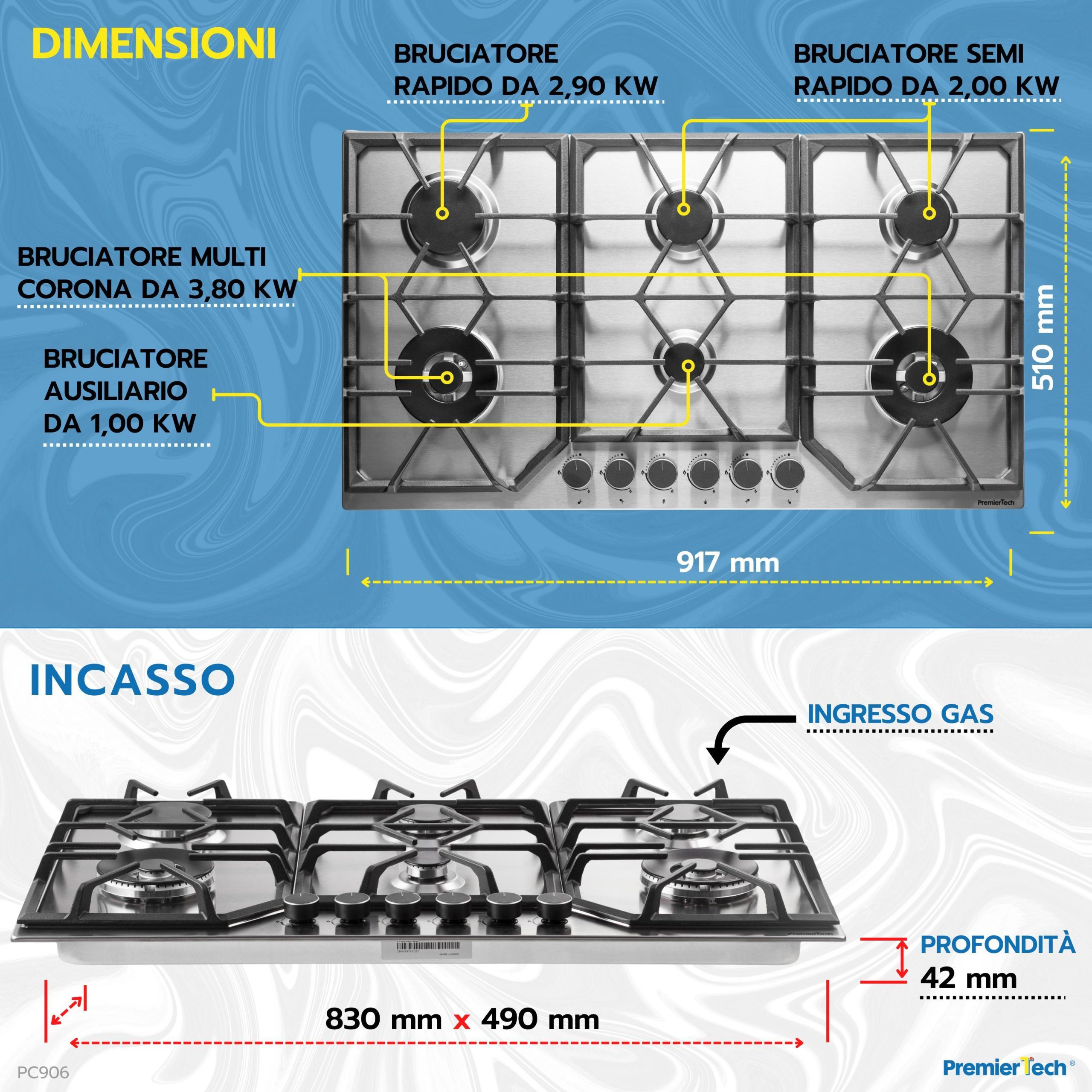 Piano Cottura a Gas a 6 fuochi da 90 cm doppio Wok in Acciaio Inox PremierTech PC906