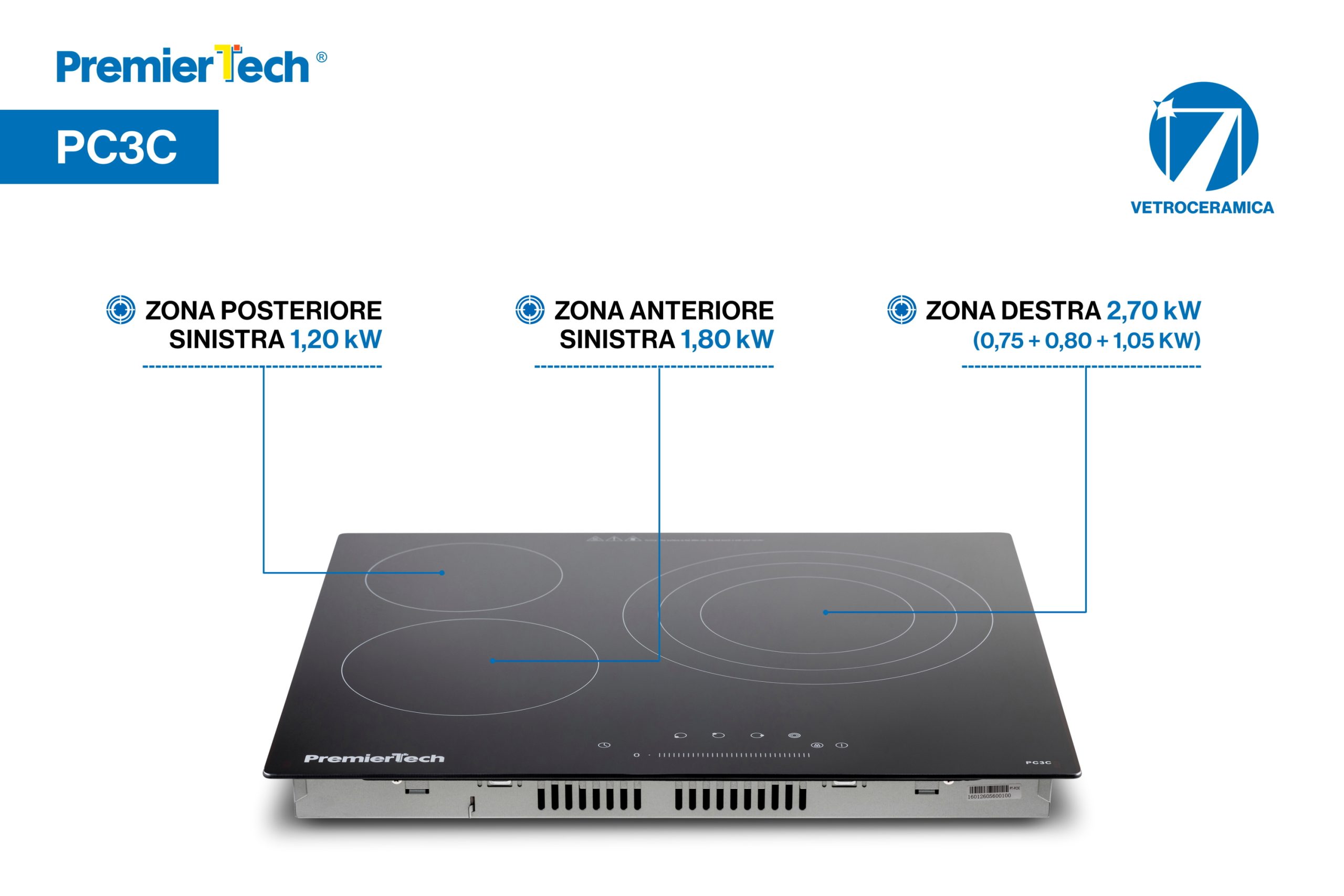 Piano Cottura 4 Fuochi Vetroceramica 60cm Elettrico da incasso Display Led Touch Control Vetro Front smussato PremierTech PT-PC4C