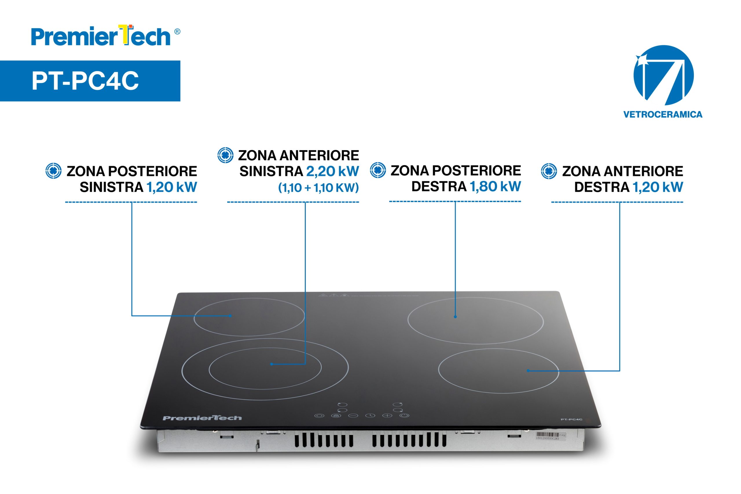 Piano Cottura 4 Fuochi Vetroceramica 60cm Elettrico da incasso Display Led Touch Control Vetro Front smussato PremierTech PT-PC4C
