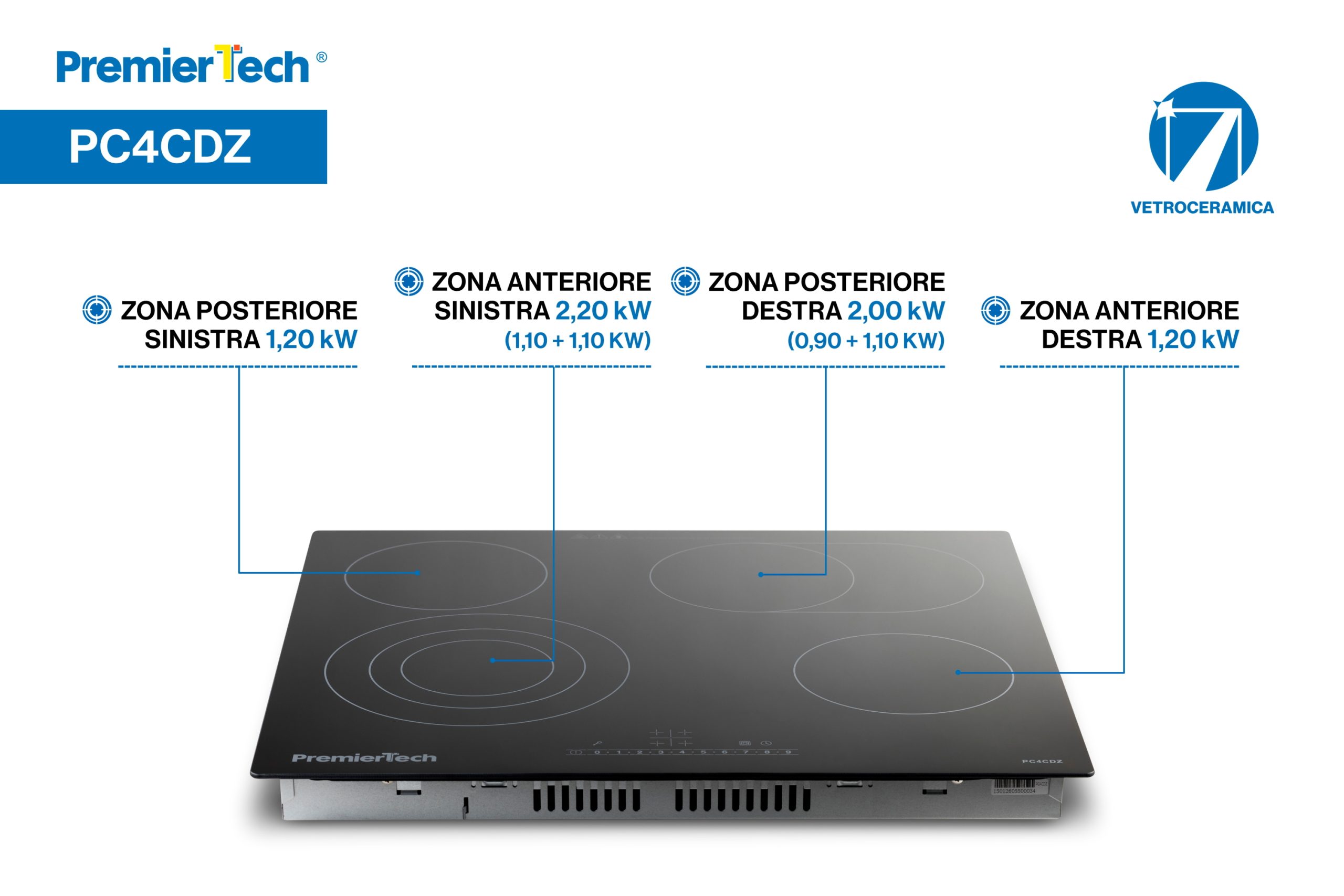 Piano Cottura 4 Fuochi Vetroceramica 60cm Elettrico da incasso Display Led Touch Control Vetro Front smussato PremierTech PT-PC4C