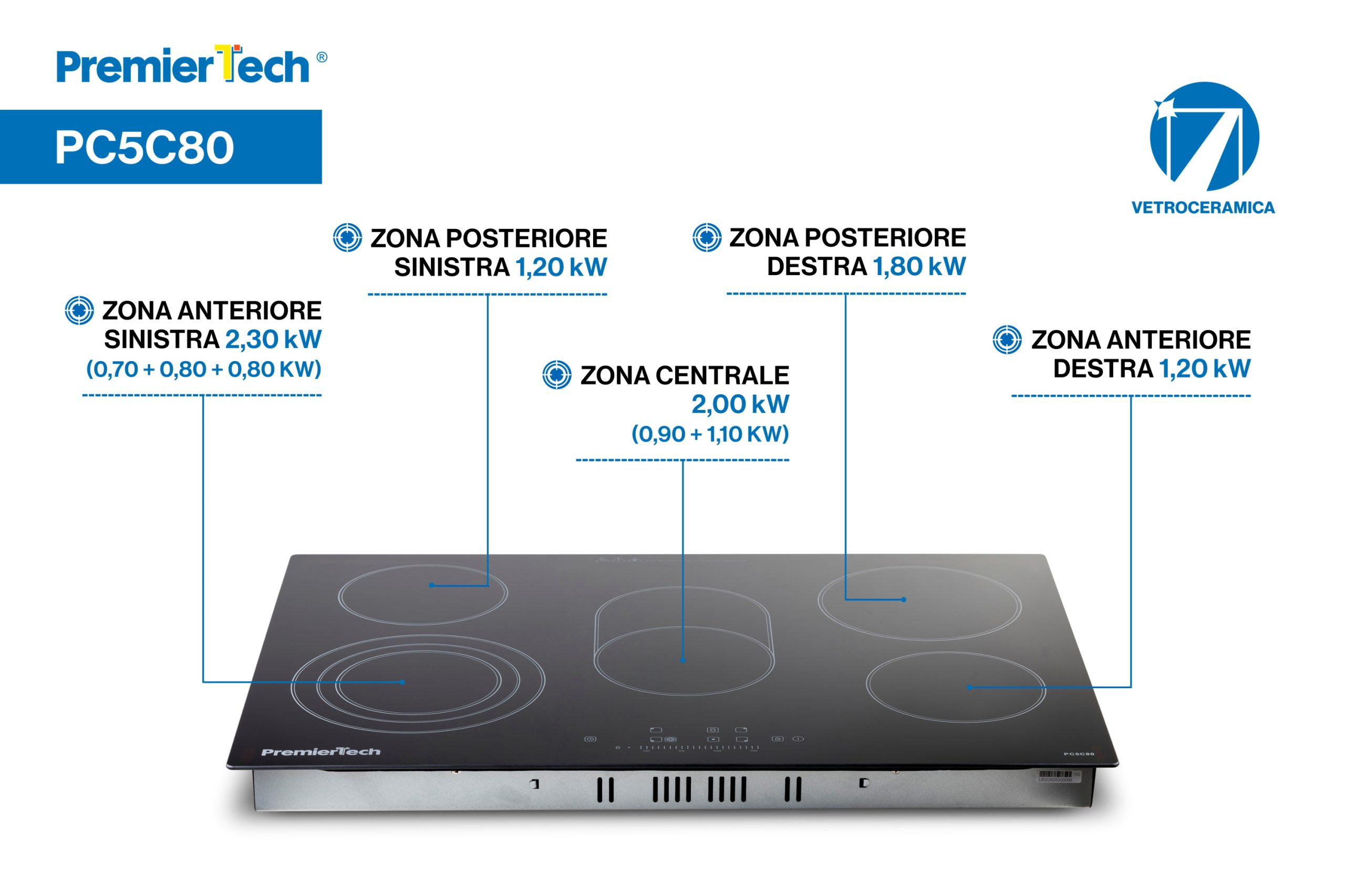 Piano Cottura 4 Fuochi Vetroceramica 60cm Elettrico da incasso Display Led Touch Control Vetro Front smussato PremierTech PT-PC4C