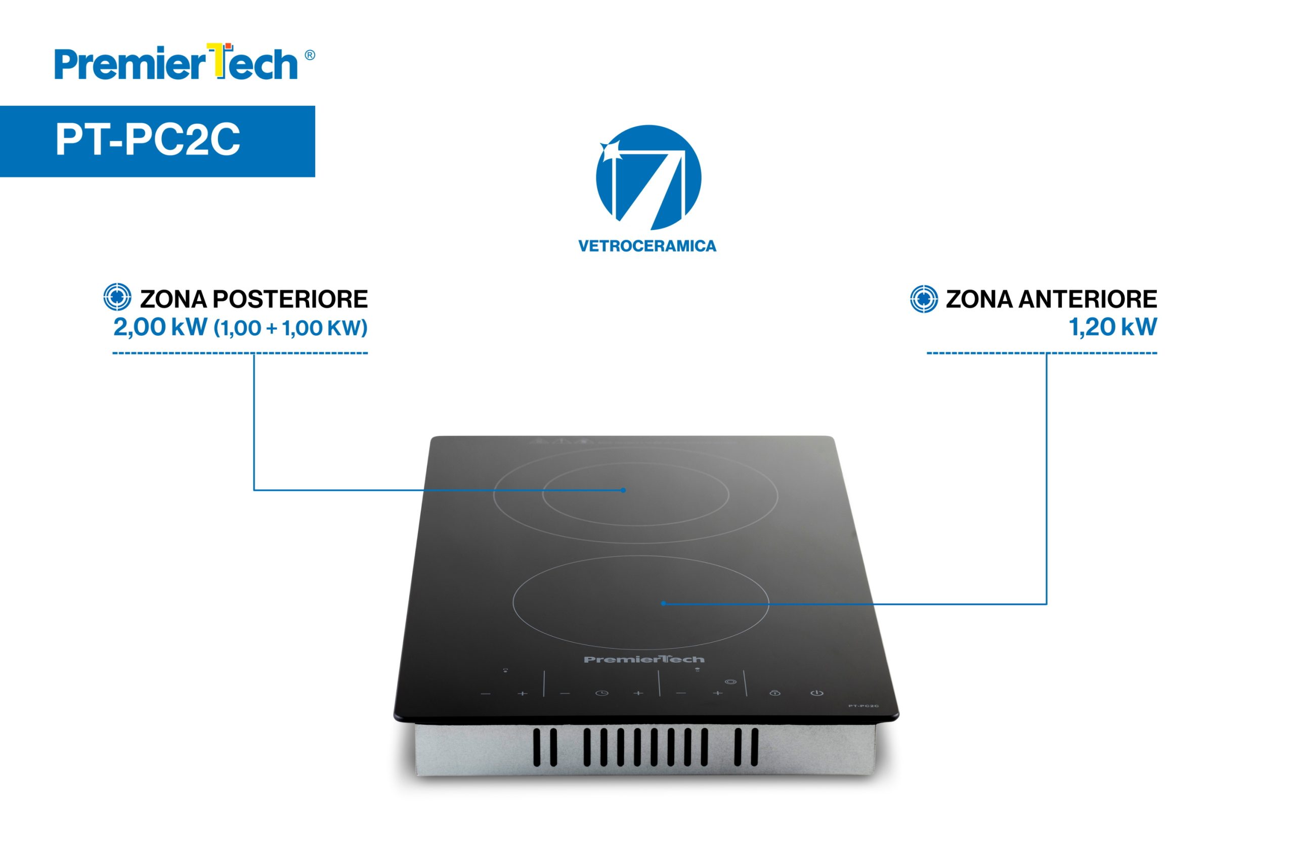 Piano Cottura Vetroceramica 30cm Elettrico 2 Fuochi Display Led Touch Control Vetro Front smussato PremierTech PT-PC2C